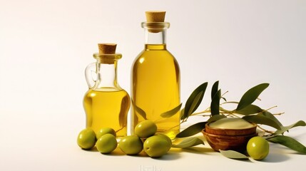 Generate a photography of olive oil and olives