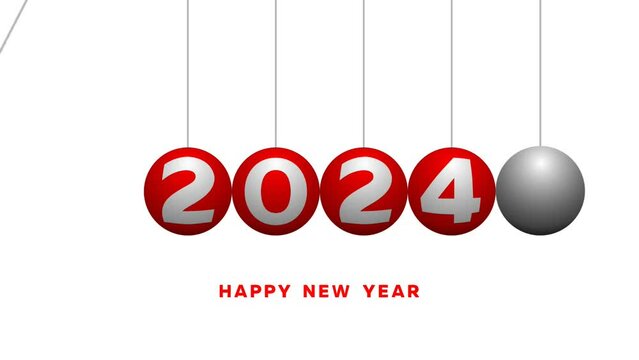 Red Newton's cradle balls with the number 2024 moving against white background and the text HAPPY NEW YEAR appears beneath them