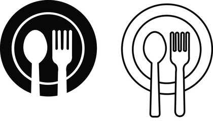 Set of Spoon, fork and plates restaurant icons flat vector illustration. Lunch dinner symbol editable stock. Spoon and fork for eating icons for apps and websites isolated on transparent background.