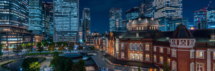 Panoramic view of Tokyo station and business buildings at night.
