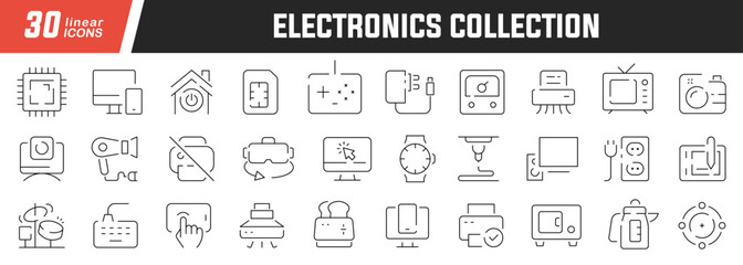 Electronics linear icons set. Collection of 30 icons in black