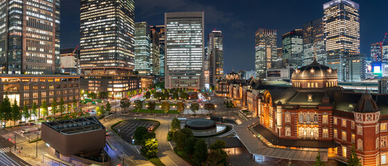 Panoramic view of Tokyo station and business buildings at night.

