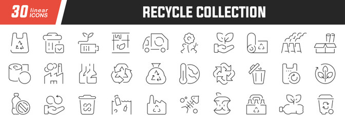 Fototapeta na wymiar Recycle linear icons set. Collection of 30 icons in black