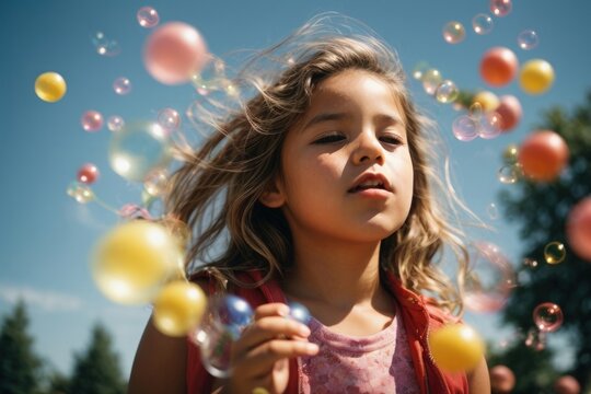 girl with balloons. Young girl amidst floating bubbles on a sunny day