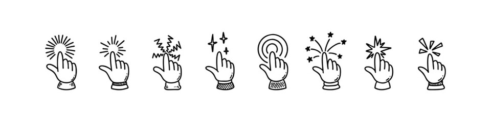 Fototapeta premium Doodle finger click icon set. Hand drawn hand pointer. Press here tap button. Sketch vector illustration