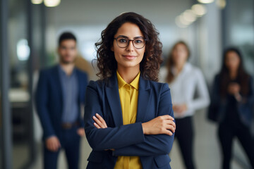 Portrait of one confident young hispanic business woman standing with arms crossed in an office with her colleagues in the background, Ambitious entrepreneur and determined leader ready for success 