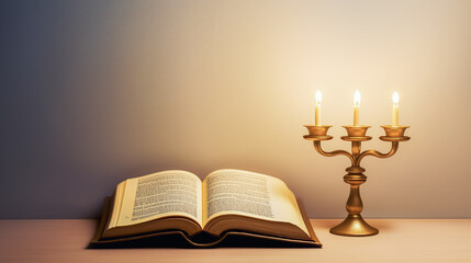 Open book Bible and burning candles, copy space.