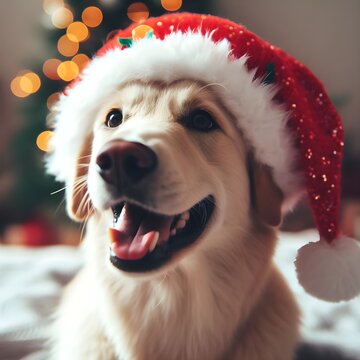 This image shows a cute dog wearing a red Santa hat.  The background is blurred but you can see a festive Christmas tree_ Generative Ai