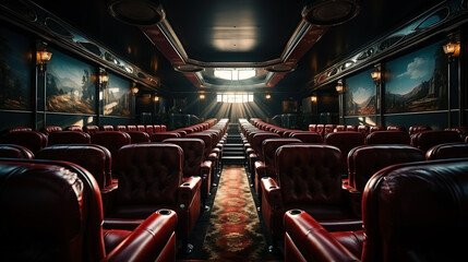 Empty cinema with rows of red seats with cup holders and popcorn. Concept of entertainment.
