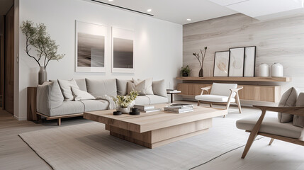 Fototapeta na wymiar Contemporary Wood and White Living Space
