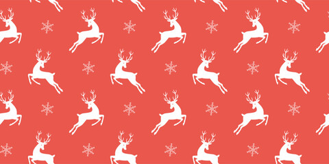Reindeer on red background with snowflakes, vector Christmas illustration.