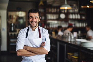 Portrait of smiling male chef in uniform standing on kitchen of restaurant