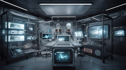 Underground health monitoring facility, futuristic interface screen on the wall