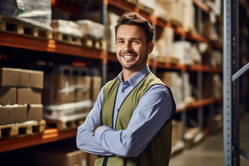 Portrait of Smiling supervisor looking at stock arranged on shelves in warehouse