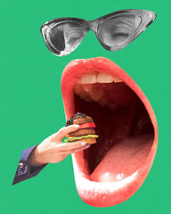 Woman with wide open giant mouth eating small burger over green background. Street food....