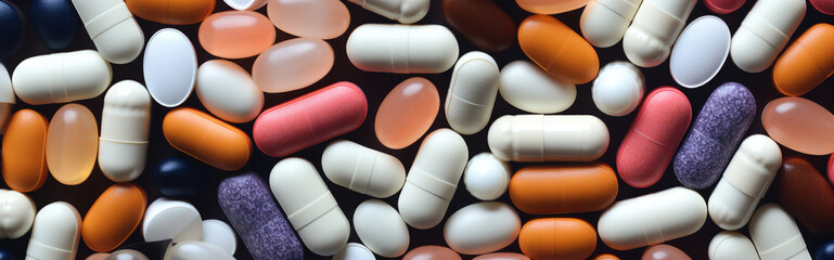 Medicine Pills Header Topview - obrazy, fototapety, plakaty