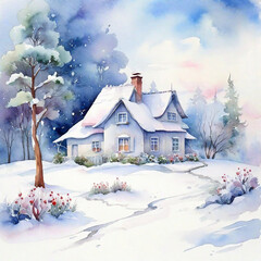 Watercolor Winter Season And Watercolor Winter House Background