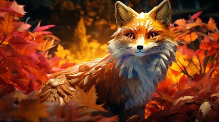 Cute whimsical fox full length portrait surrounded by colorful vibrant leaves of autumn forest, colorful adorable fox face as symbolic essence of autumn of the season with playful charm, autumn fauna