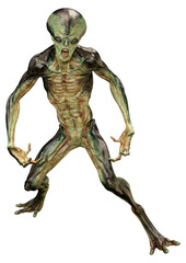 3D Rendering Green Alien on White