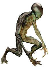 3D Rendering Green Alien on White