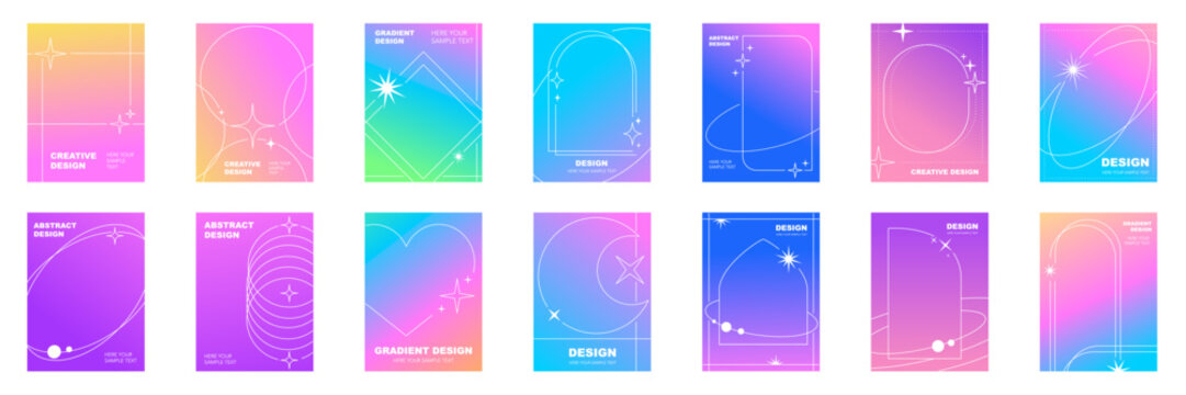 Minimal style posters with colorful, geometric shapes, frame, sparkle. Modern wallpaper design