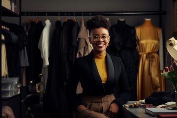 Fashion industry, black woman and designer portrait of clothing tailor with business vision, Smile, startup and small business entrepreneur with happiness and business growth feeling working success - obrazy, fototapety, plakaty
