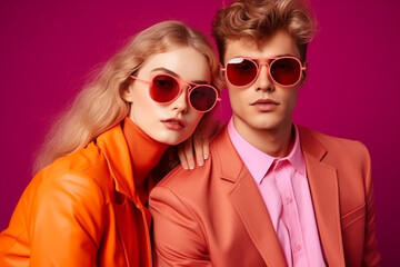 Fashion photo of handsome young couple posing in sunglasses, Personal accessories