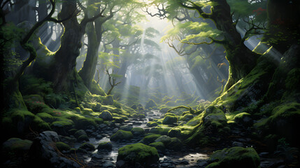 Dive deep into an enchanted forest wilderness, capturing the intricate details of towering trees, moss-covered rocks, and the soft dappled light that make for a highly detailed and epic natural scene.