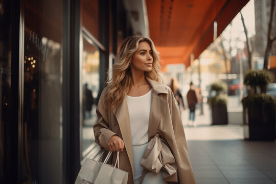 female holding shopping bags while walking at the street