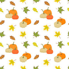 Seamless pattern with pumpkins, maple and oak leaves.  Vector color illustration on the white background.