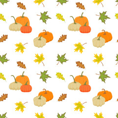 Seamless pattern with pumpkins, maple and oak leaves.  Vector color illustration on the white background.
