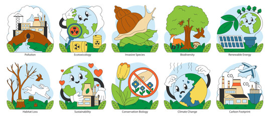 Ecology set. Human influence. Environment pollution, ecotoxicology and invasive species threats. Climate change impact. Biodiversity, renewable energy, sustainability. Flat vector illustration