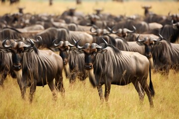 Naklejka na ściany i meble a herd of wildebeest migrating together across a savannah