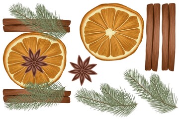 Dry orange slice with anise, Christmas tree and cinnamon sticks together and apart. Christmas seasoning.