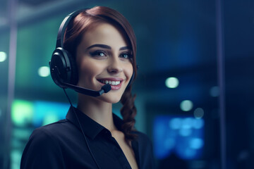 Friendly woman in call center service talking with costumers by headset