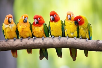 a group of parrots perched together on a tree branch - Powered by Adobe
