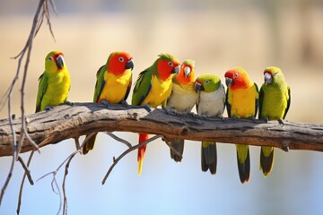a group of parrots perched together on a tree branch