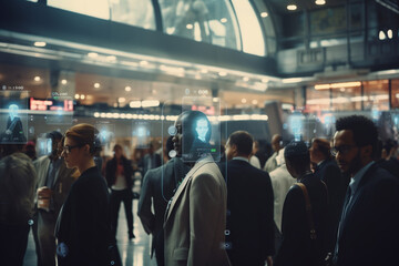 Futuristic AI Big Data Analysing Surveillance Camera that Keeps People Safe, Backgrond: Diverse Multi-Ethnic Crowd of People Wait for their Flights in Boarding Lounge of Airline Hub - obrazy, fototapety, plakaty