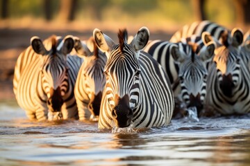 group of zebras drinking water together from a river - Powered by Adobe