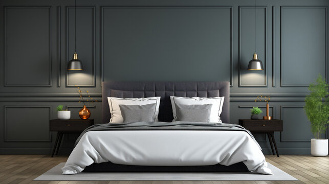 Bellissima camera da letto con toni grigio scuri e atmosfera elegante e minimalista