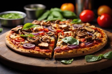 vegan pizza with vegetable toppings - obrazy, fototapety, plakaty