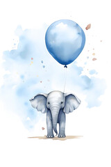 Cute soft watercolor illustration of a cute elephant with a balloons