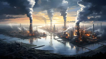 Foto op Plexiglas Industrial expanses, high-angle shot of sprawling industrial landscapes, with smoking chimneys and interconnected units painting a picture of manufacturing might. © Cassova