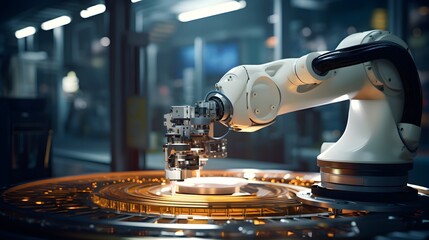 Robotic arm precision, medium shot of a robotic arm picking and placing components, its movements crisp and exact, showcasing automation's role in modern manufacturing.