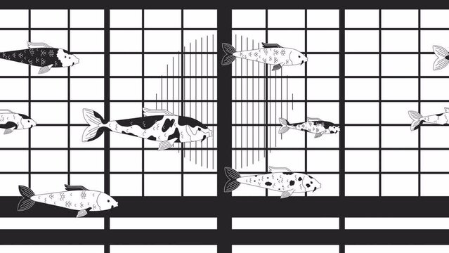 Carp koi swimming in flooded house bw lo fi animated background. Traditional japanese door nishikigoi fish 80s retro lofi wallpaper cartoon animation. Aquarium monochrome chill 4K video motion graphic