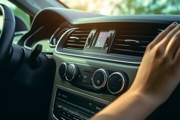 Woman listening radio while driving. Unit head display fm volume. Generate Ai