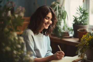 Happy Female Artist Drawing Sketch In Her Notebook At Home 