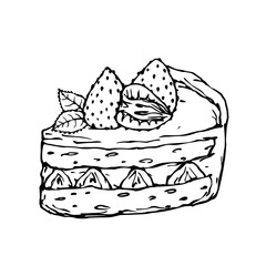 Linear sketch of a piece of sponge cake, pie with filling and strawberries. Vector graphics.