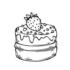 Linear sketch of a piece of biscuit roll with filling and strawberries. Vector graphics.