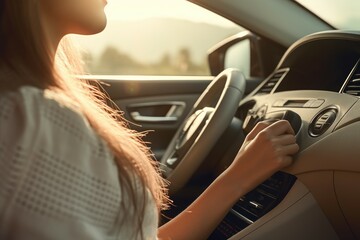 Fototapeta na wymiar Woman listening radio while driving in morning. Fm driver station volume auto listen. Generate Ai